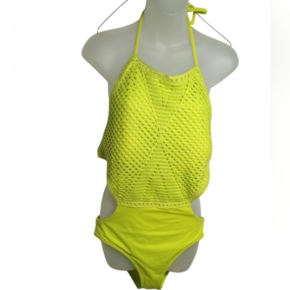 Aerie Neon Yellow One-Piece Crochet Halter, Cutout Monokini Swimwear Size Large